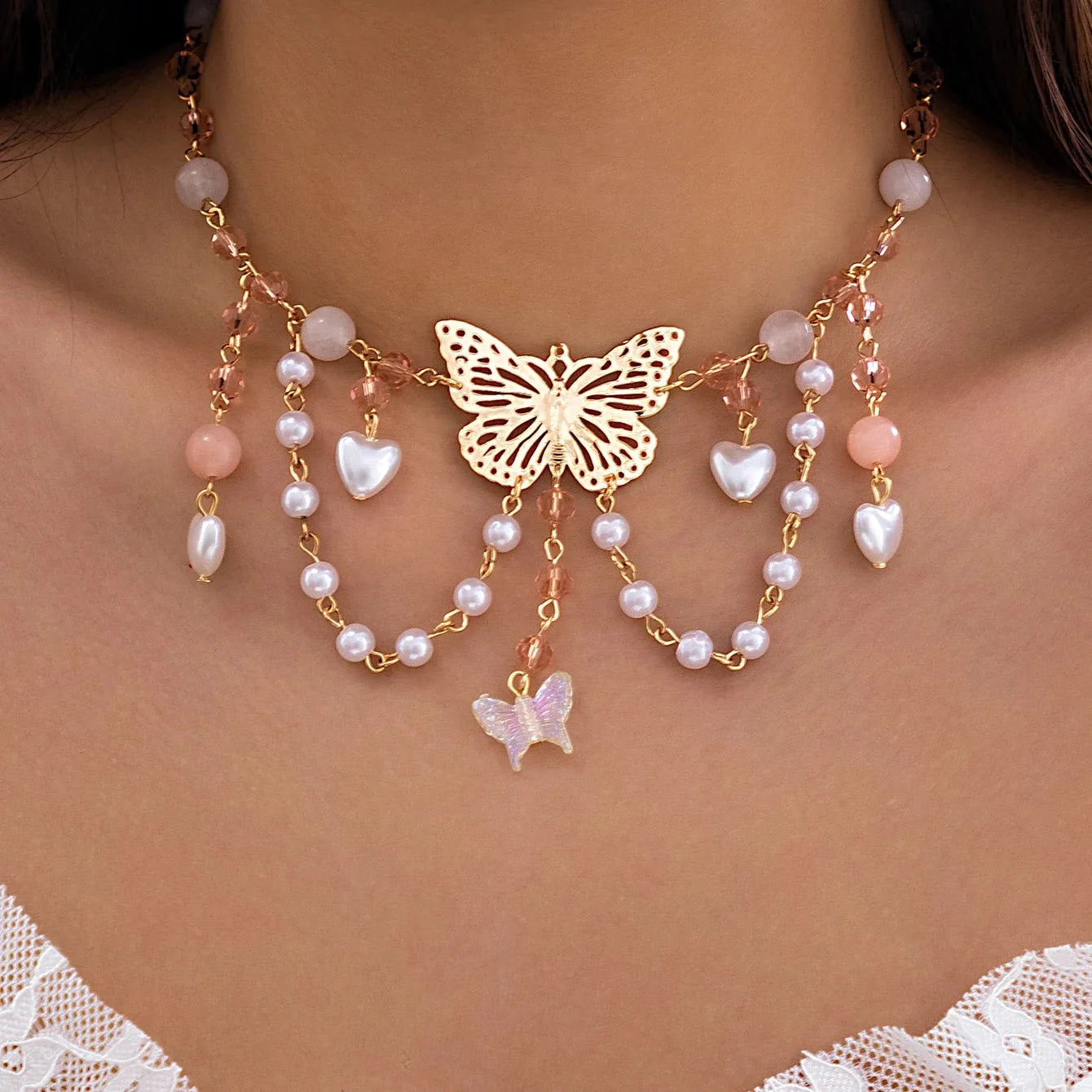 Multi Layered Butterfly Heart Choker Necklace