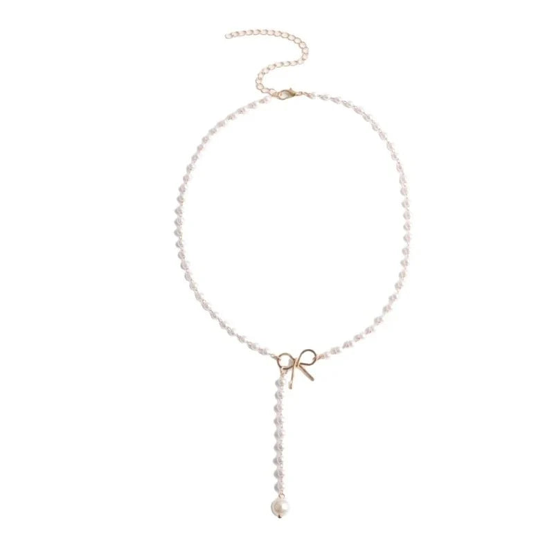 Pearl Dainty Bow Lariat Necklace in gold