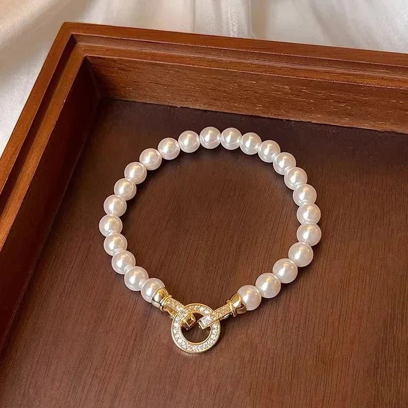 Pearl Diamond Accented Circle Pendant Bracelet and Necklace in classic