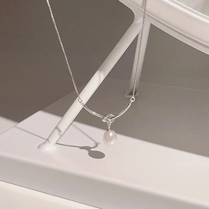 Pearl Drop Knot Dainty Chain Necklace in silver