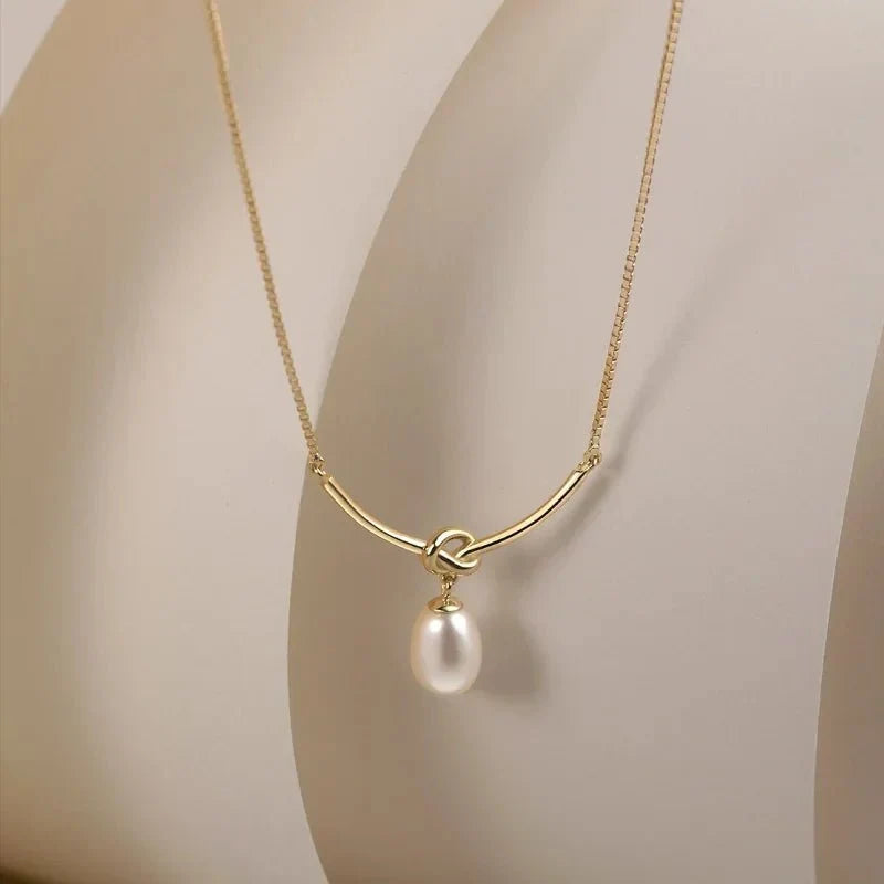 Pearl Drop Knot Dainty Chain Necklace in gold