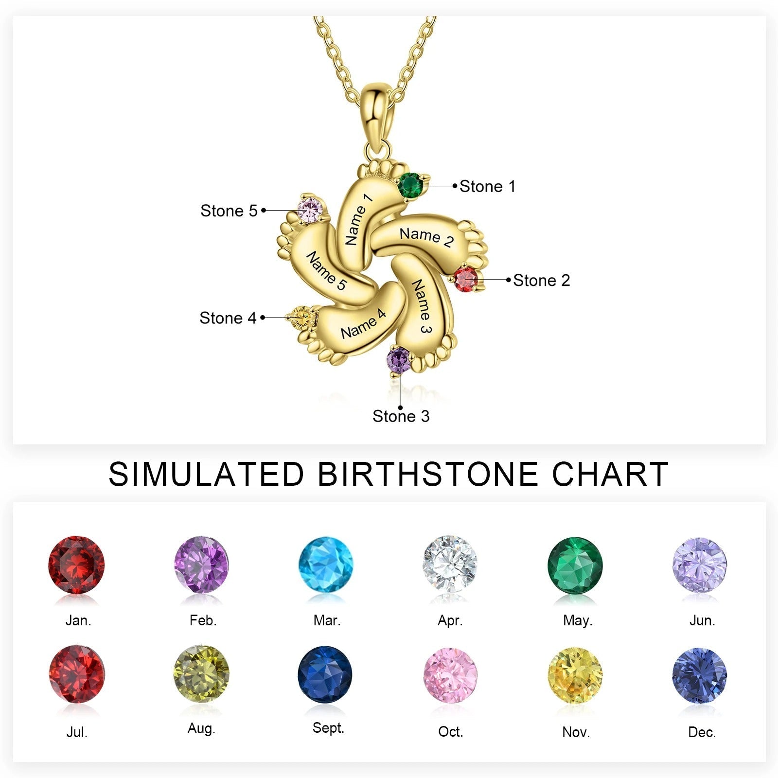 Personalized Baby Feet Name & Birthstone Necklace in gold