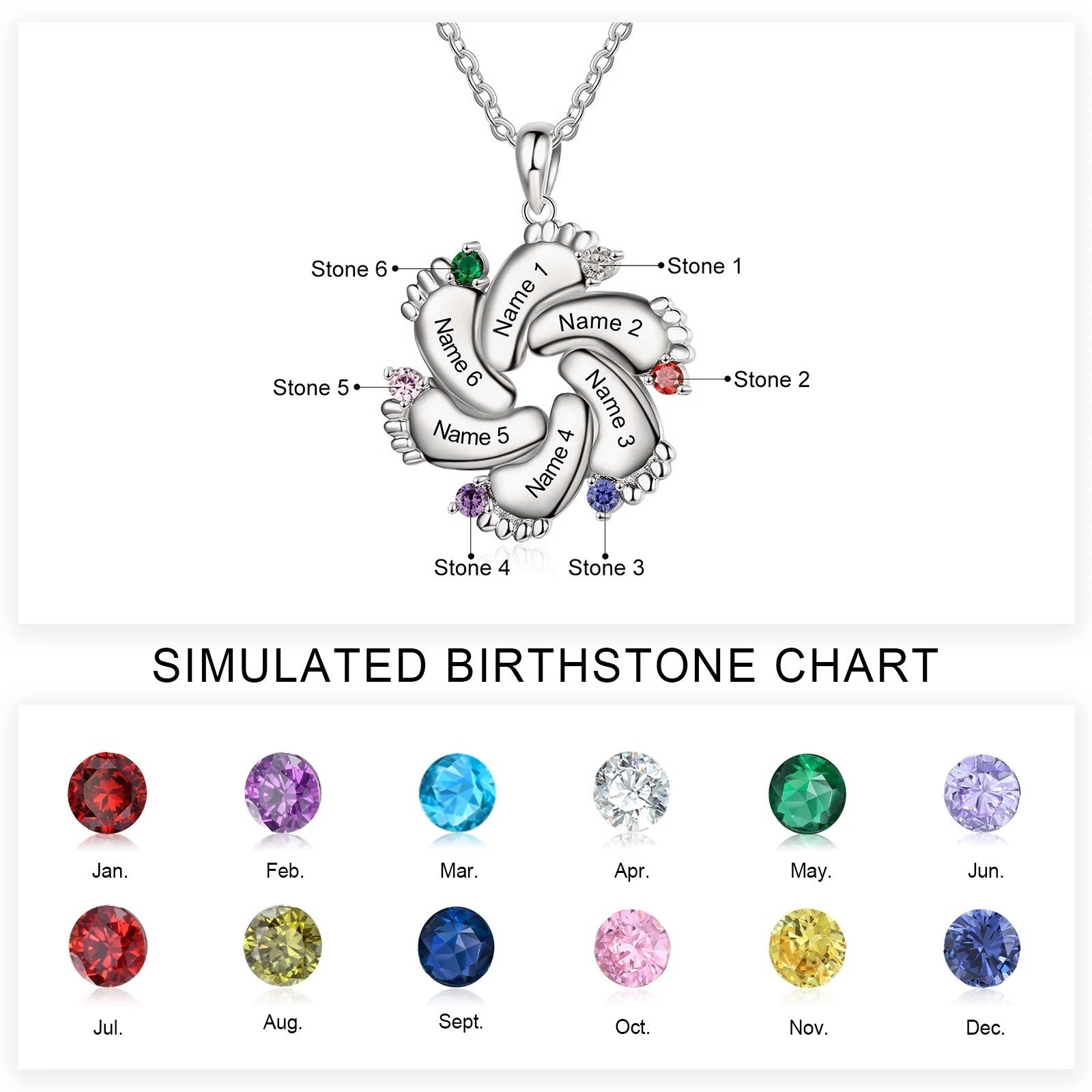 Personalized Baby Feet Name & Birthstone Necklace in silver