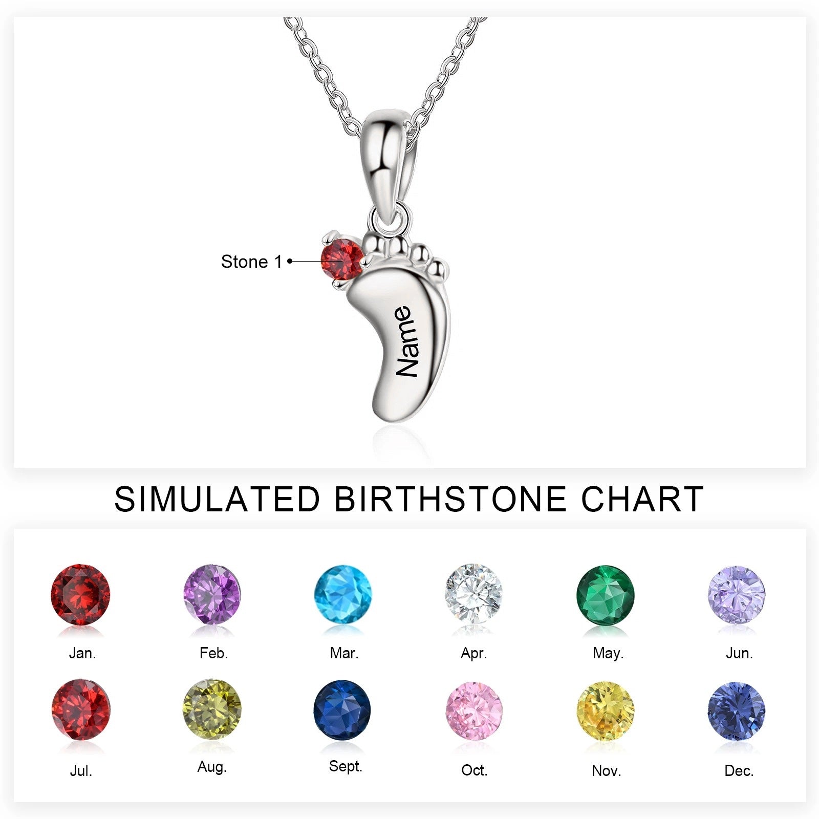 Personalized Baby Feet Name & Birthstone Necklace in silver