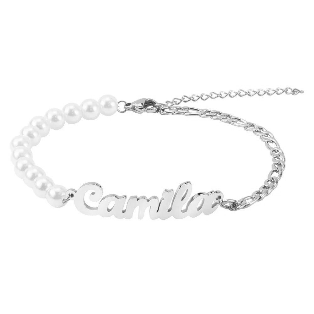 Personalized Name Pearl Figaro Chain Bracelet in silver