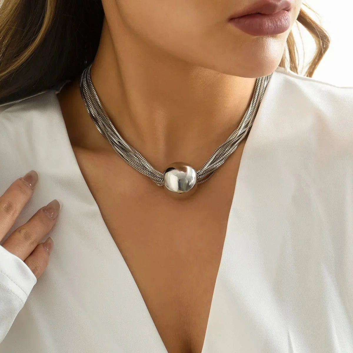 Posh Multi Layered Chain Ball Necklace and Bracelet in silver