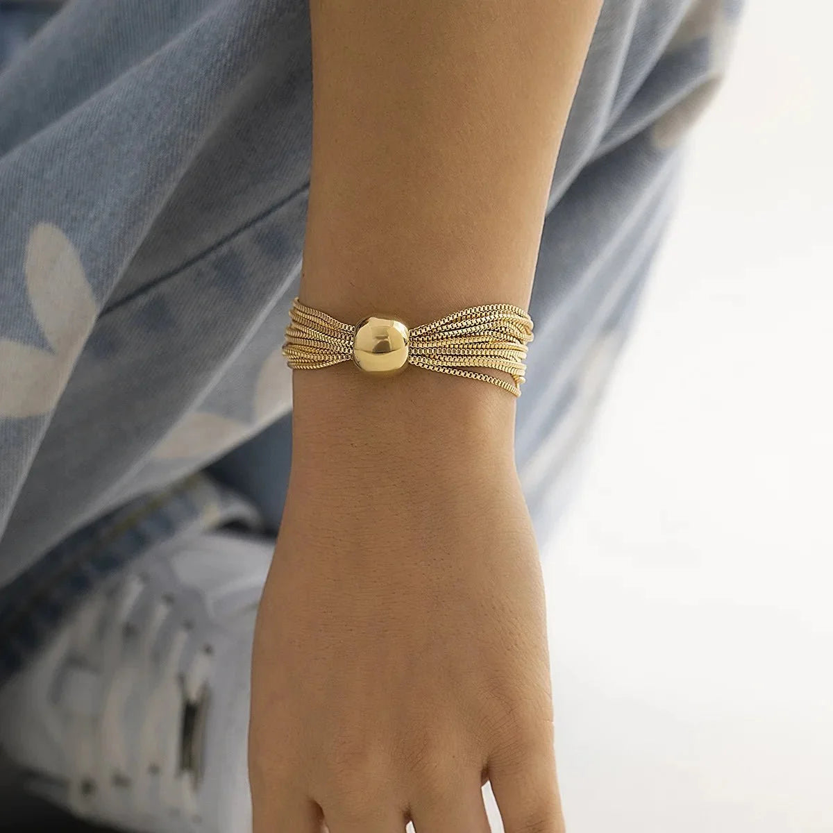 Posh Multi Layered Chain Ball Necklace and Bracelet in gold