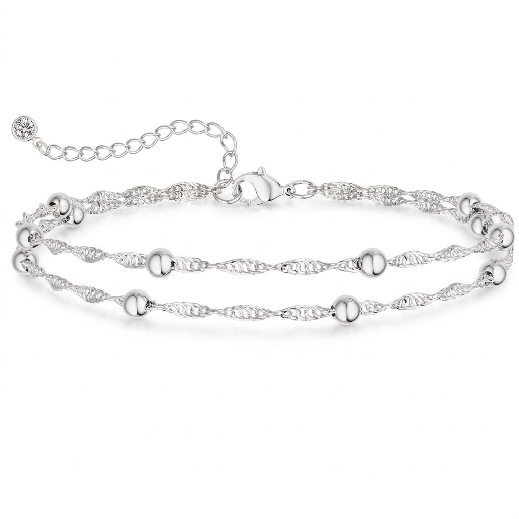 Layered Singapore Satellite Chain Anklet in silver