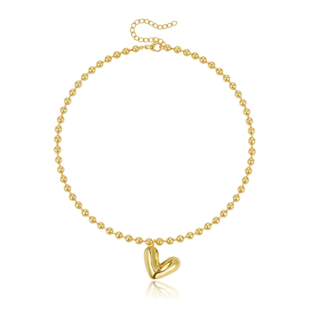 14k Beaded Chain Bubble Heart Necklaces