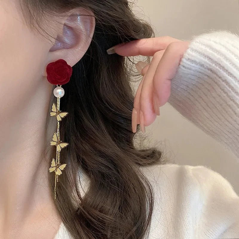 Romantic Rose Pearl Butterfly Dangle Earrings