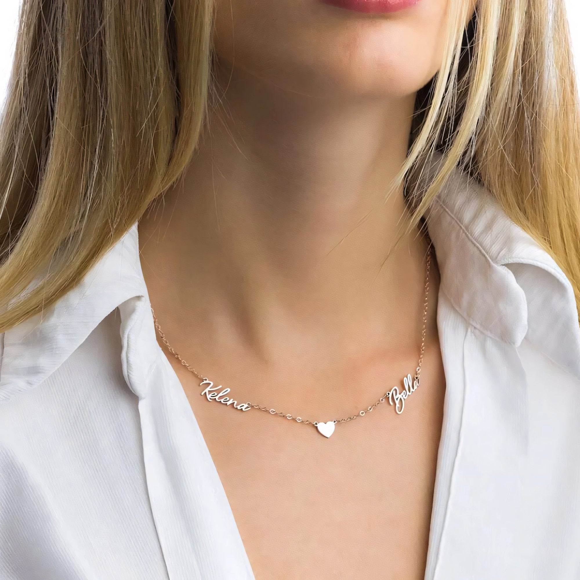 Romantic Two Name Dainty Heart Necklace in silver