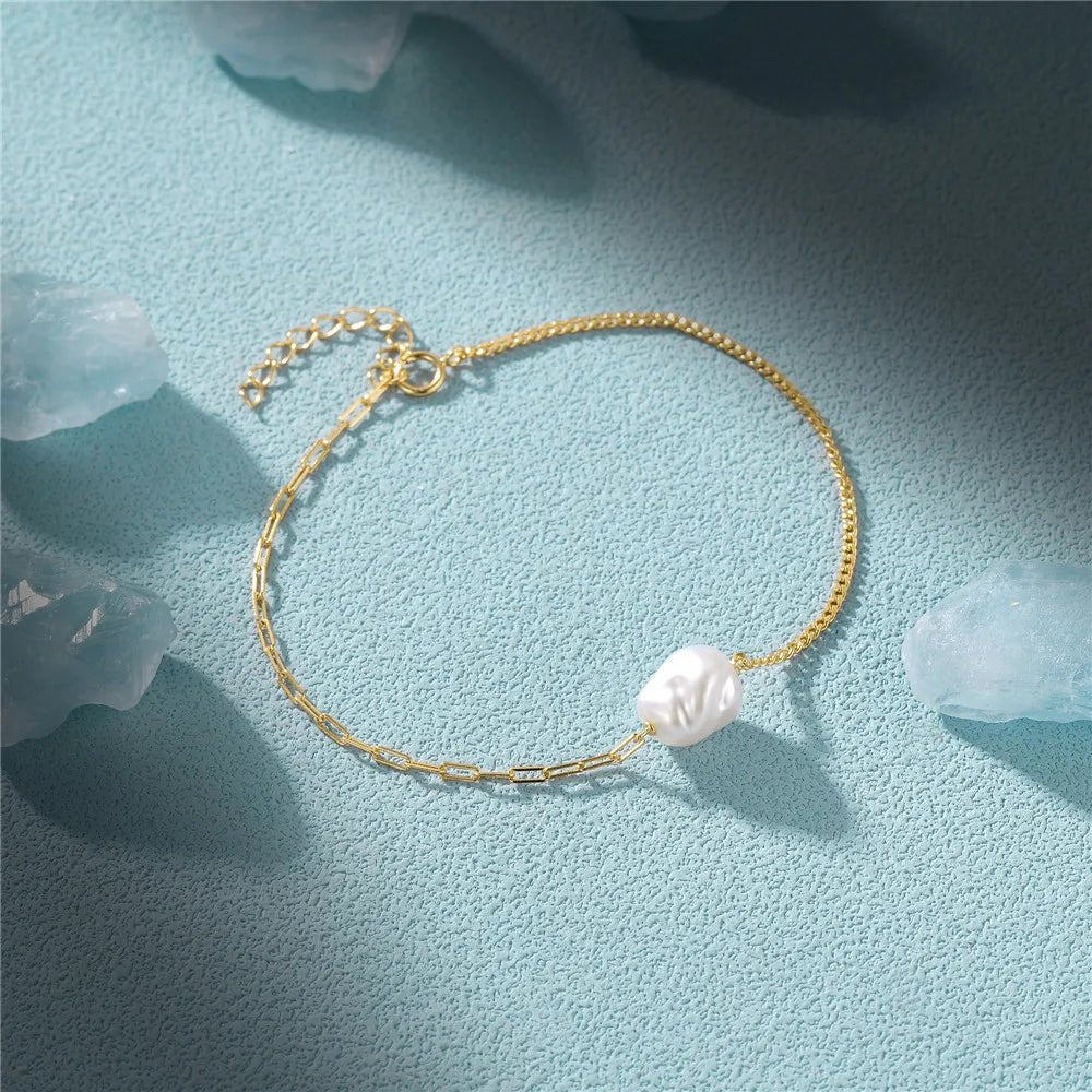 S925 Pearl Dainty Paperclip and Cuban Chain Bracelet