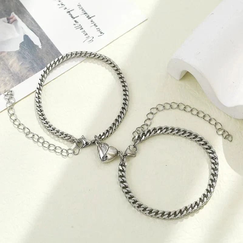 Simple Couples Cuban Magnetic Heart Bracelet Set