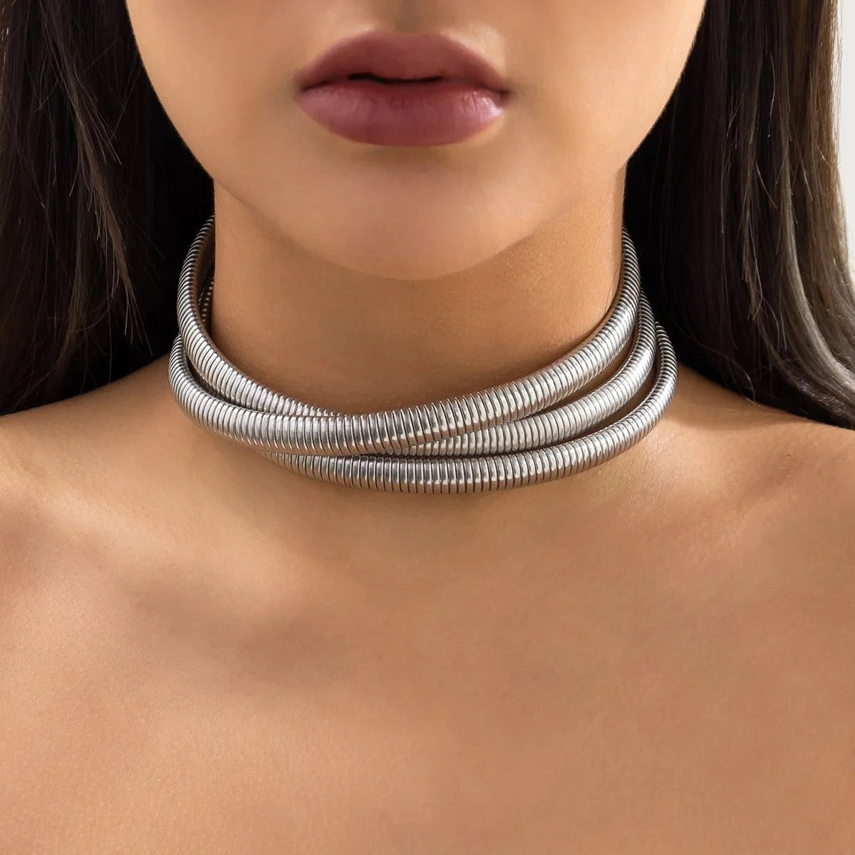 Triple Layer Stacked Chunky Choker Necklace in silver