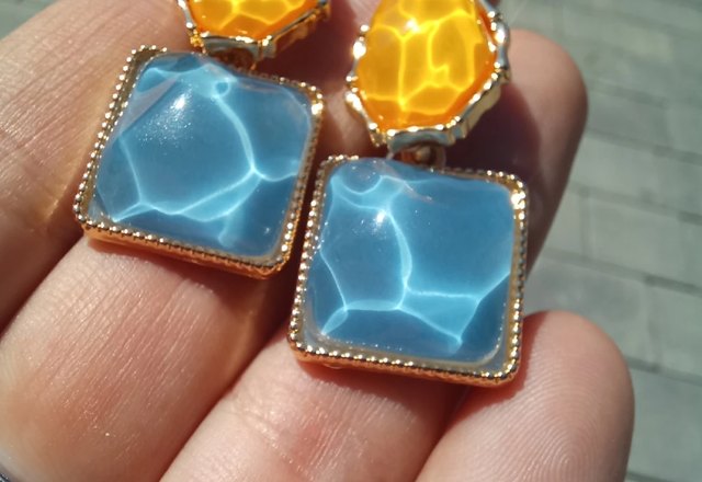 Enamel Geometric Oval Square Earrings worn by a customer