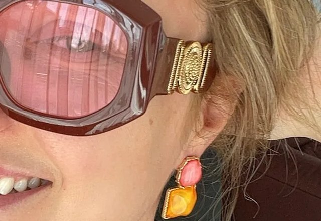 Enamel Geometric Oval Square Earrings worn by a customer
