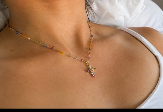 Dainty Colorful Gem Set Cross Necklace worn by a customer