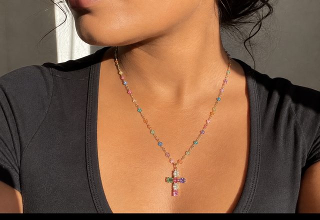 Dainty Colorful Gem Set Cross Necklace worn by a customer