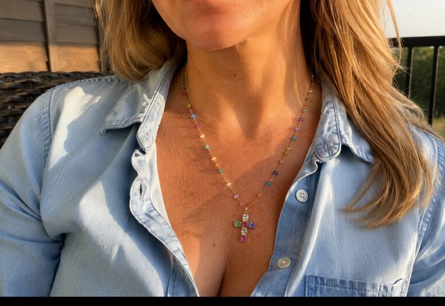 Dainty Colorful Gem Set Cross Necklace worn by a customer