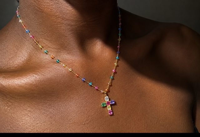 Dainty Colorful Gem Set Cross Necklace worn by a customer