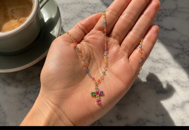 Dainty Colorful Gem Set Cross Necklace worn by a customer