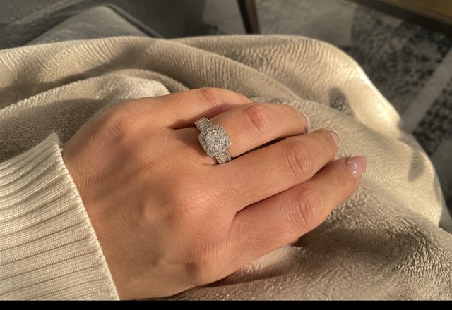 Square Halo Baguette Band Ring worn by a customer