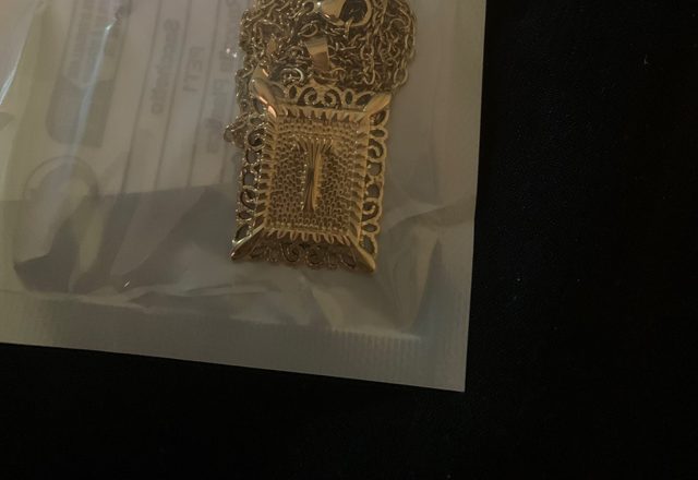 2pc 14k Initial & Cross Necklace Set worn by a customer