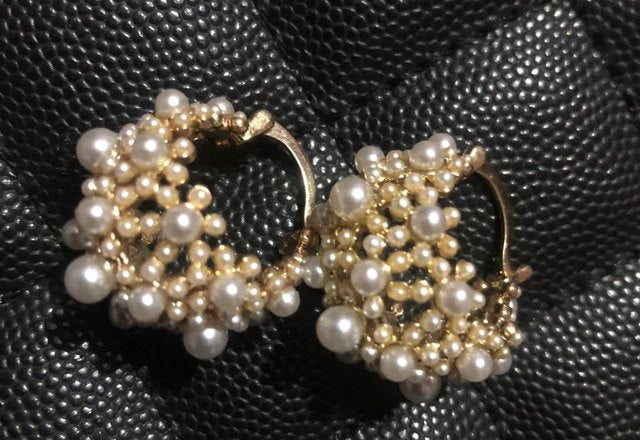 Dainty Statement Pearl Hoop Earrings worn by a customer
