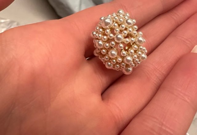 Dainty Statement Pearl Hoop Earrings worn by a customer