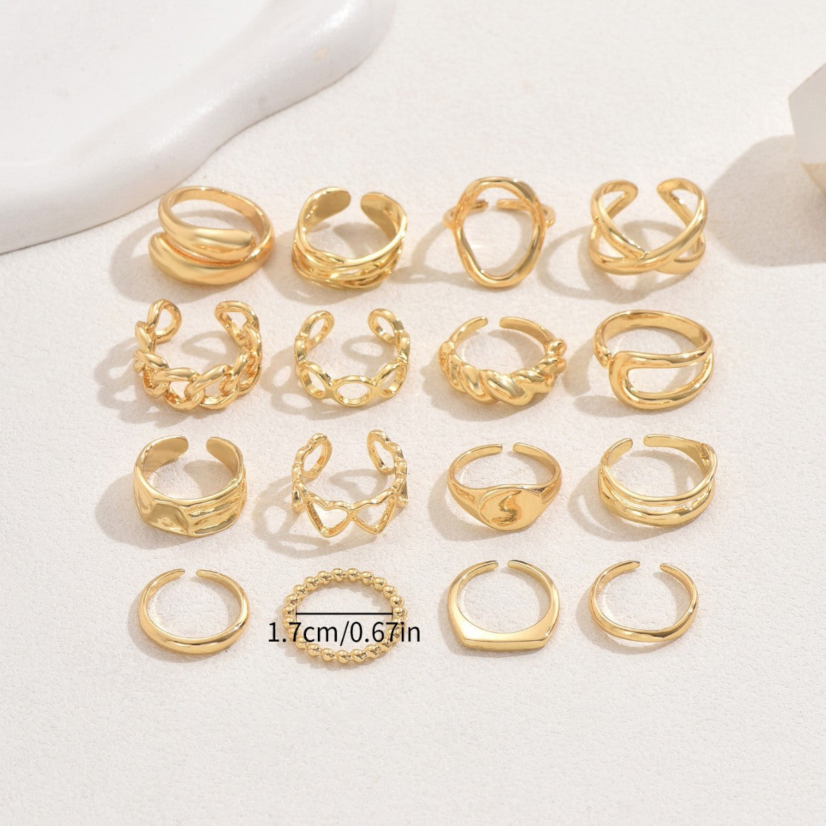 16pc Adjustable Geometric Ring Set in gold