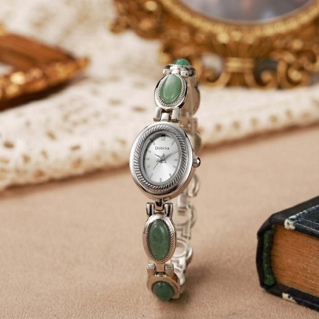 Feminine Oval Jade Band Watch in silver with silver dial