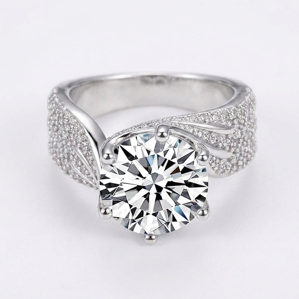 Elegant Wave Pave Shoulder Solitaire Ring
