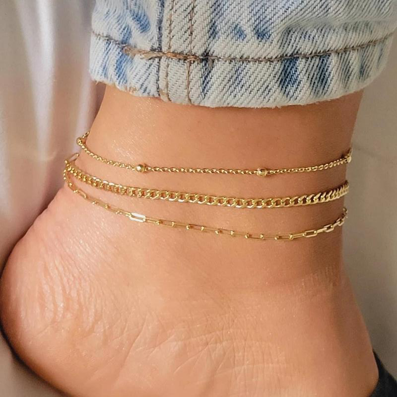 3pc Elegant Satellite, Paperclip, Curb Chain Anklet Set