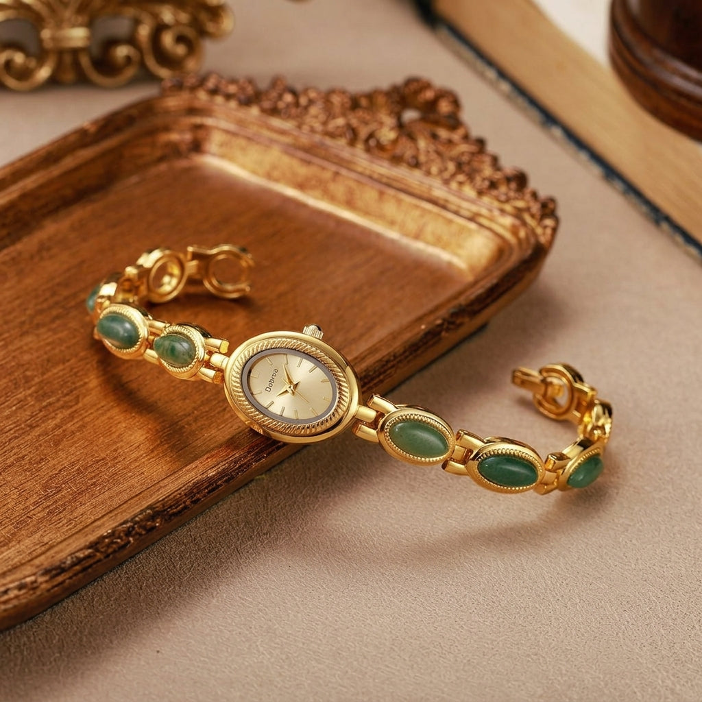 Feminine Oval Jade Band Watch in gold with silver silver