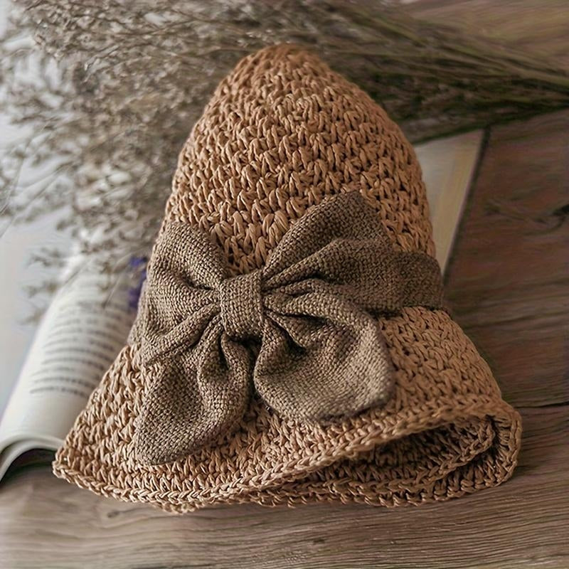 Woven Straw Hat With Ruffled Bow