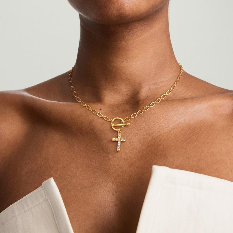 Dainty Diamond Cross Toggle Clasp Necklace
