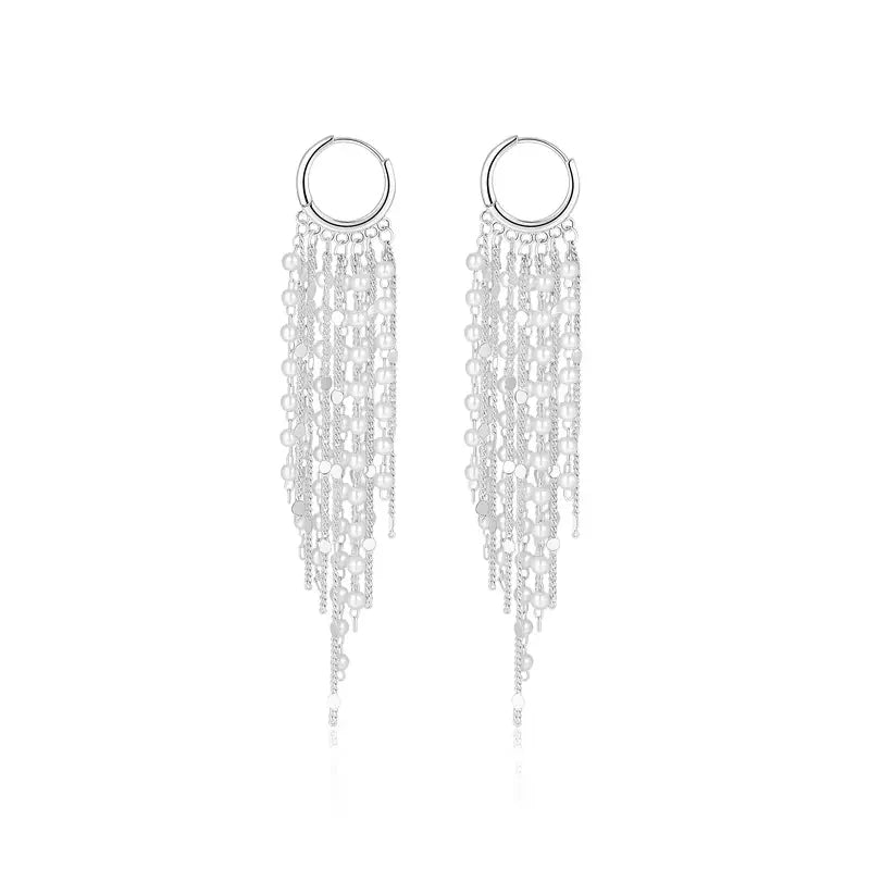 14k Tassel Chain Hoop Earrings in silver