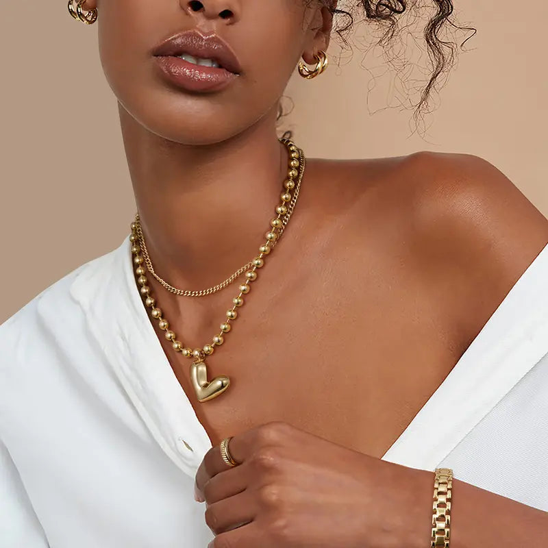 14k Beaded Chain Bubble Heart Necklaces