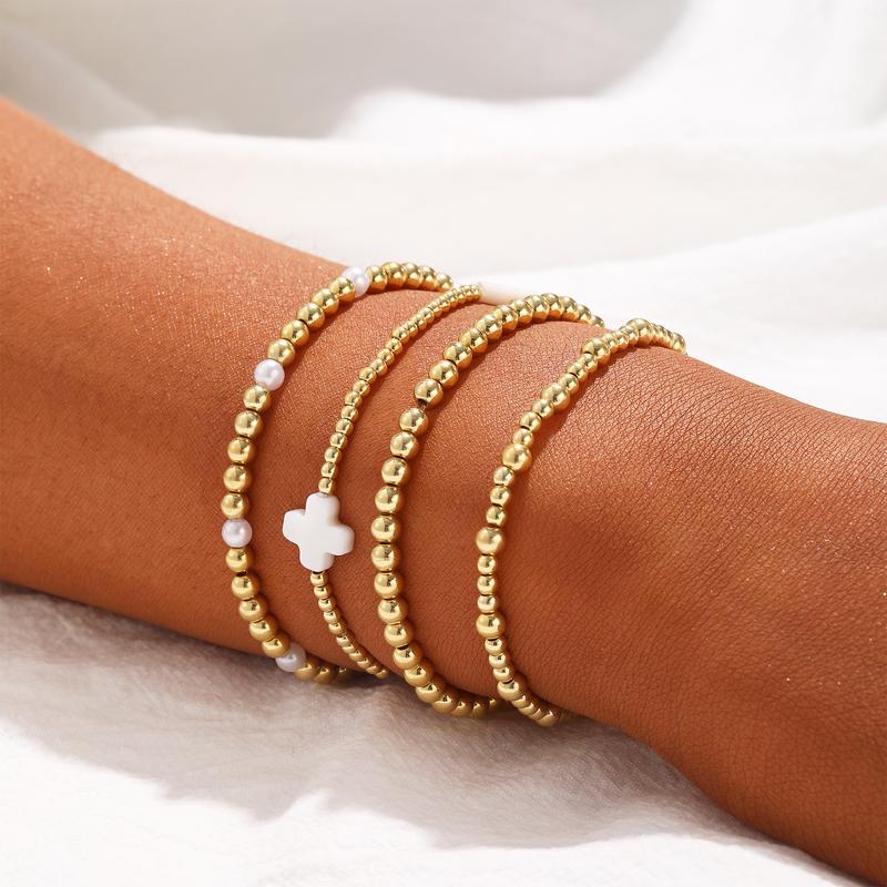 14k 4pc Beaded Cross Bracelet Stack