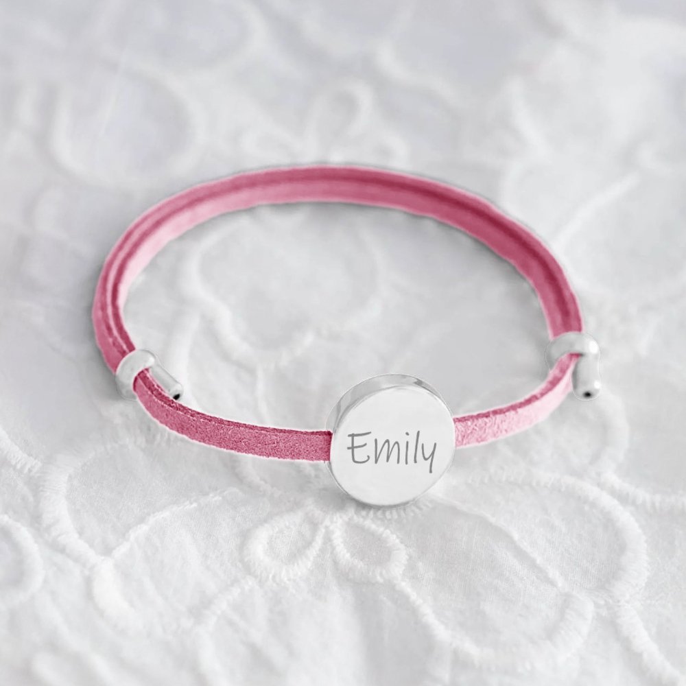 18k Custom Suede Circle Name Bracelet in silver