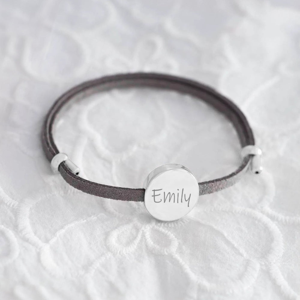 18k Custom Suede Circle Name Bracelet in silver