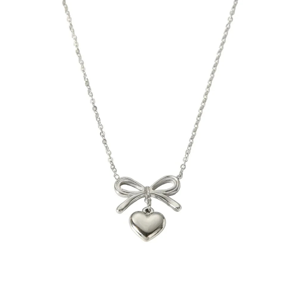 18k Dainty Bow & Heart Necklace in silver