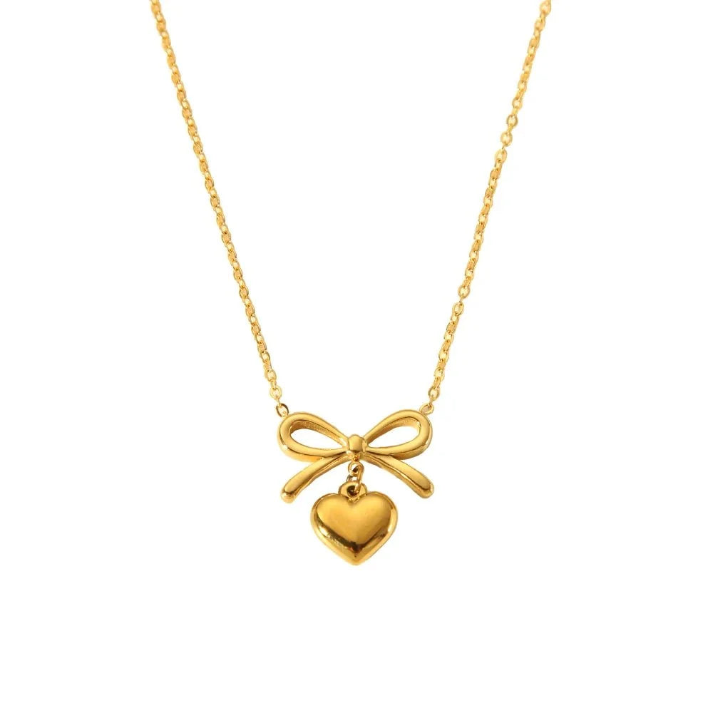 18k Dainty Bow & Heart Necklace in gold