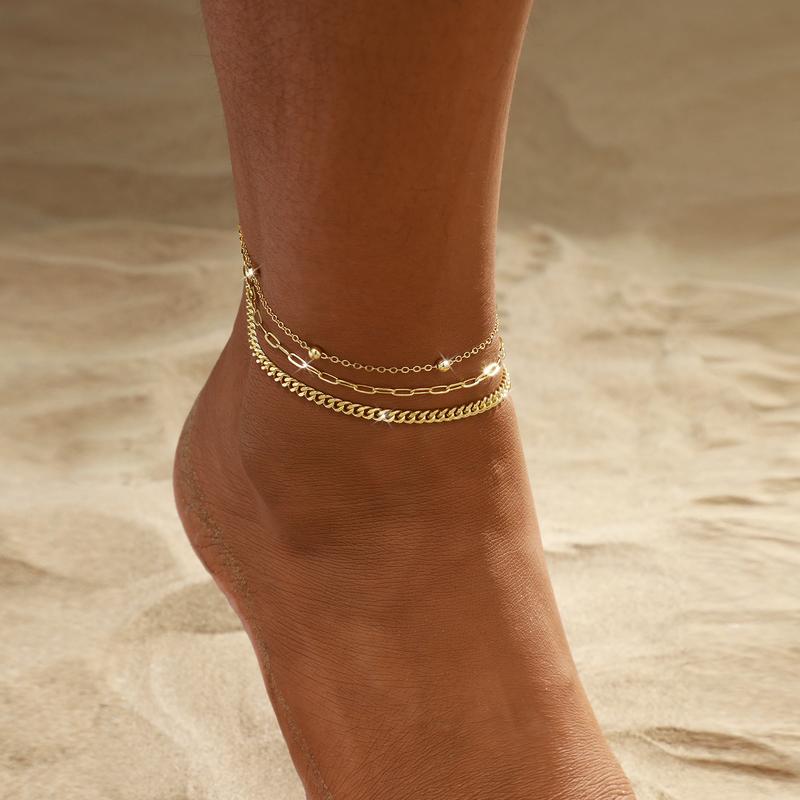 3pc Elegant Satellite, Paperclip, Curb Chain Anklet Set