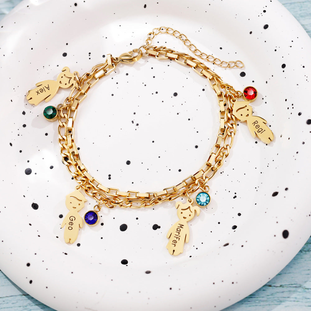Stacked Family Charm & Birthstone Bracelet in gold