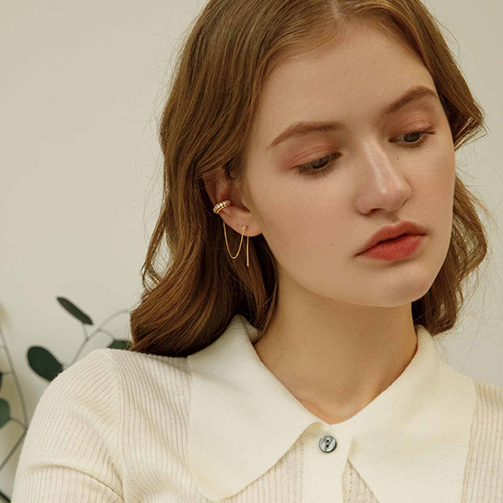 Diamond Accented Threader Ear Cuff Earrings