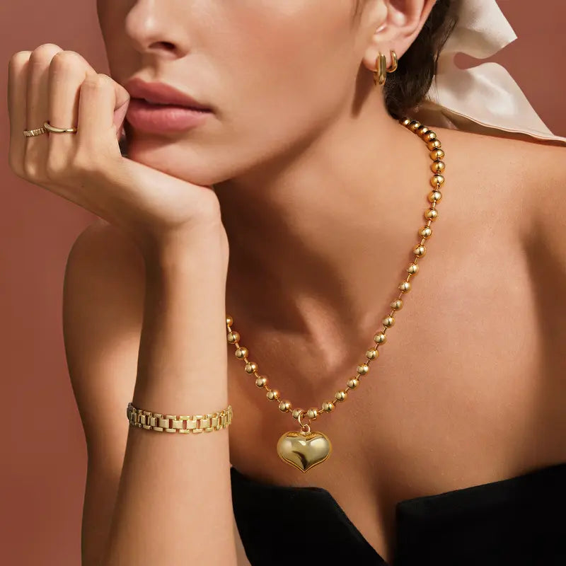 14k Beaded Chain Bubble Heart Necklaces