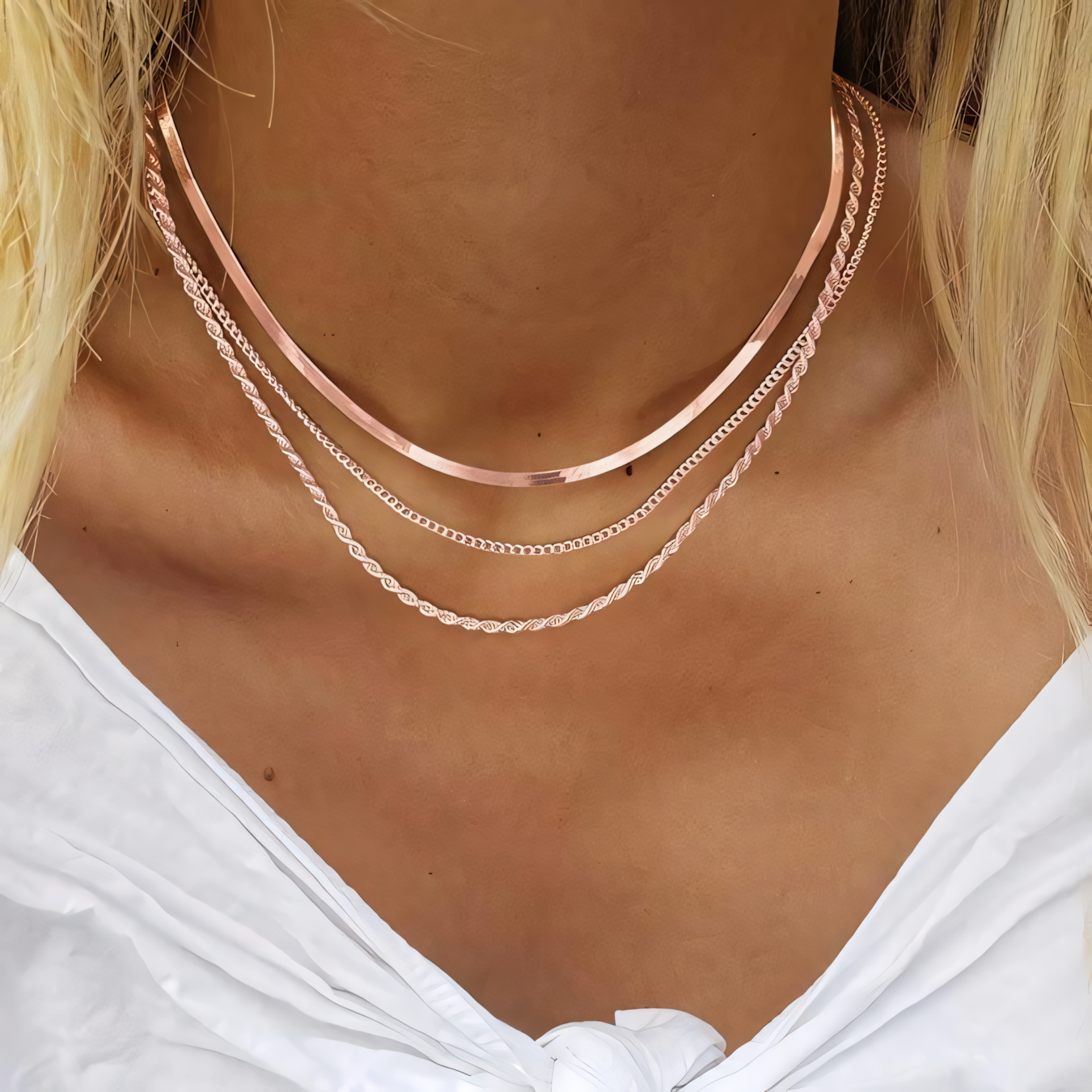 3pc Classic Necklace Choker Stack in rose gold