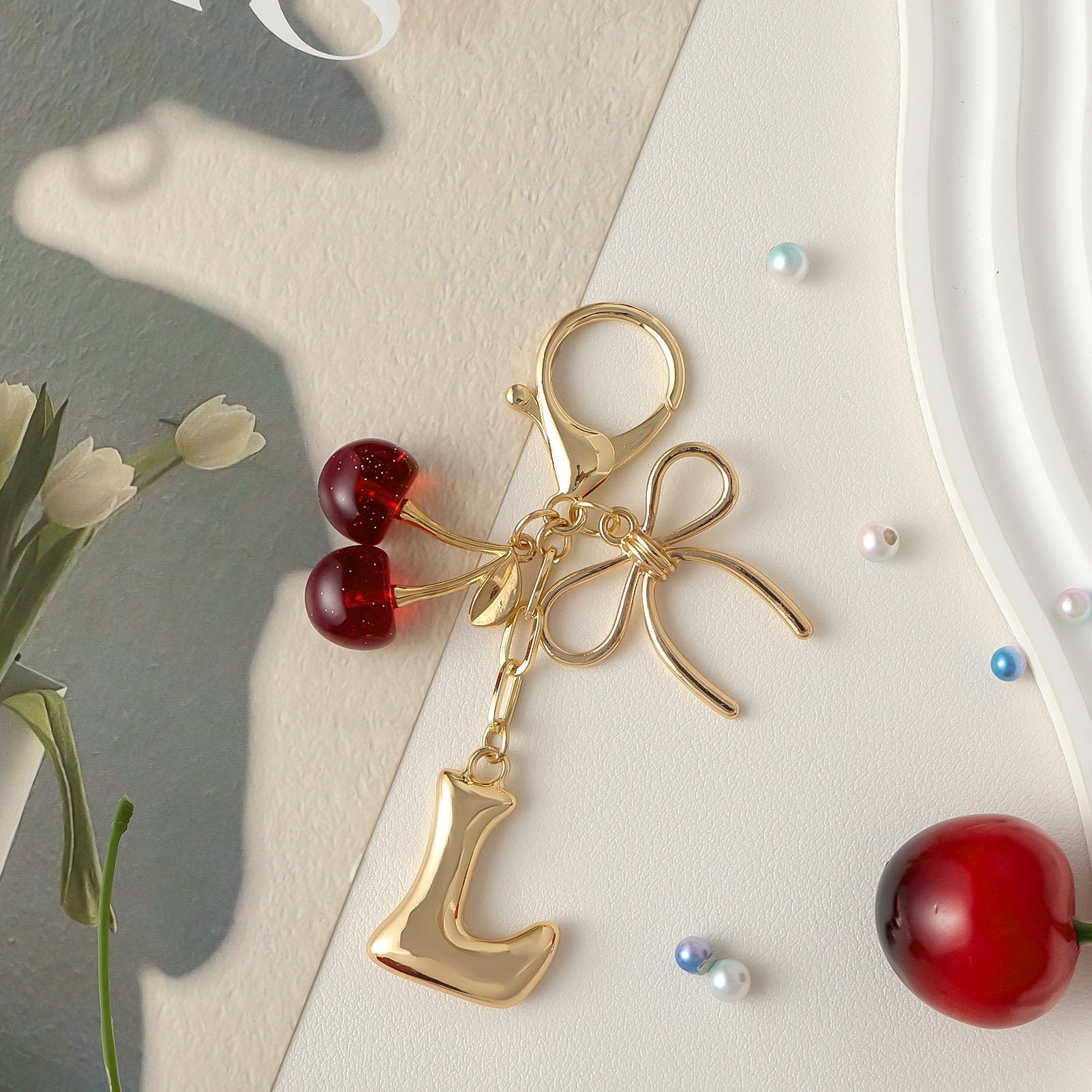 Bubble Initial With Bow & Cherry Bag Charms Keychain