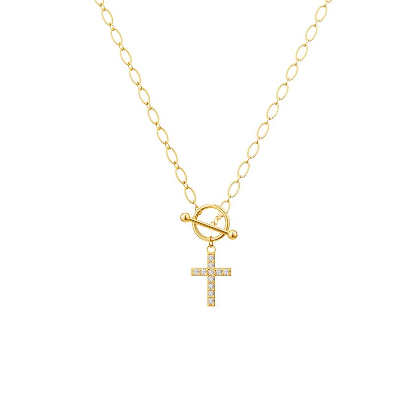 Dainty Diamond Cross Toggle Clasp Necklace
